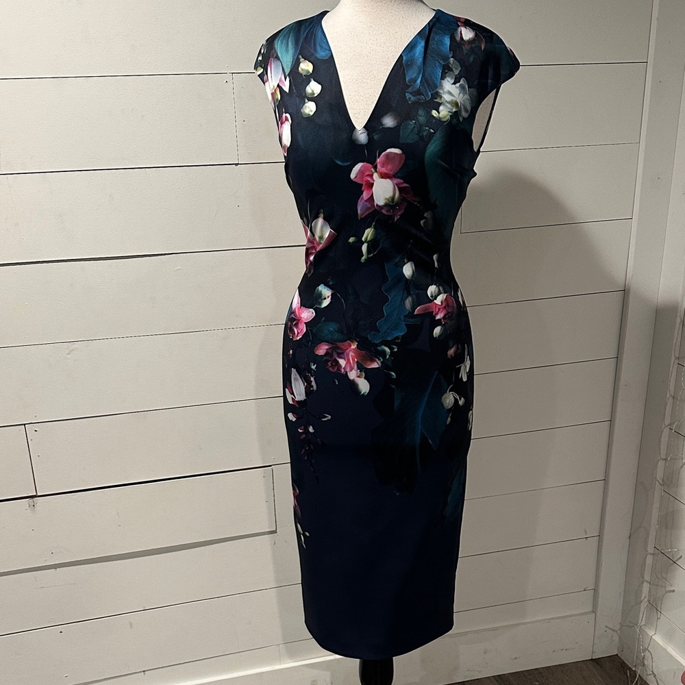Ted Baker Floral Navy Pencil Cap Sleeve Dress Sz 1, US 4